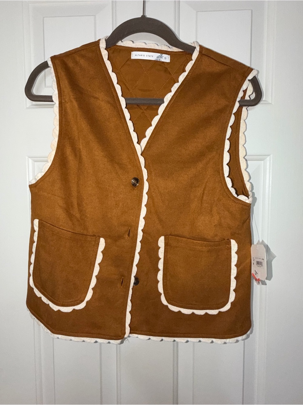 Altar'd State Camel Brown Vest with Cream Scalloped Trim
